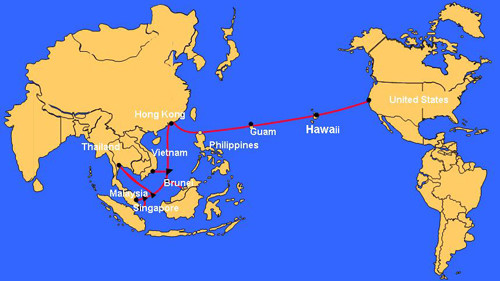 Sơ đồ tuyến cáp quang biển AAG (Asia-America Gateway)