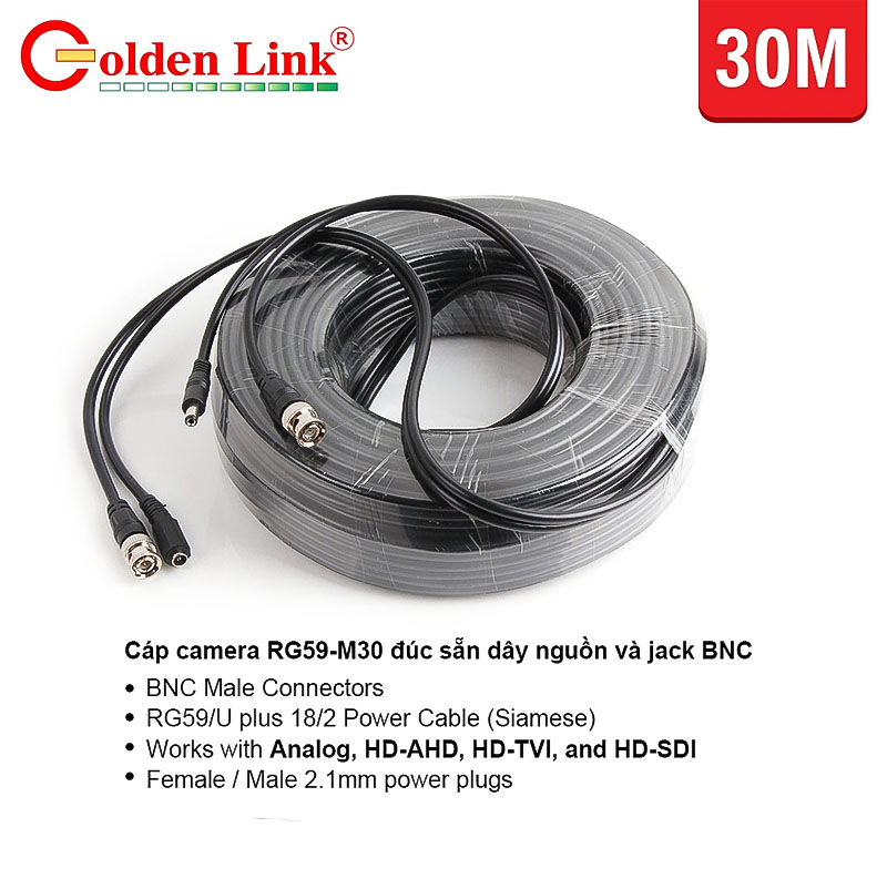 Cáp đồng trục Golden Link RG59 đúc sẵn dây nguồn và jack BNC