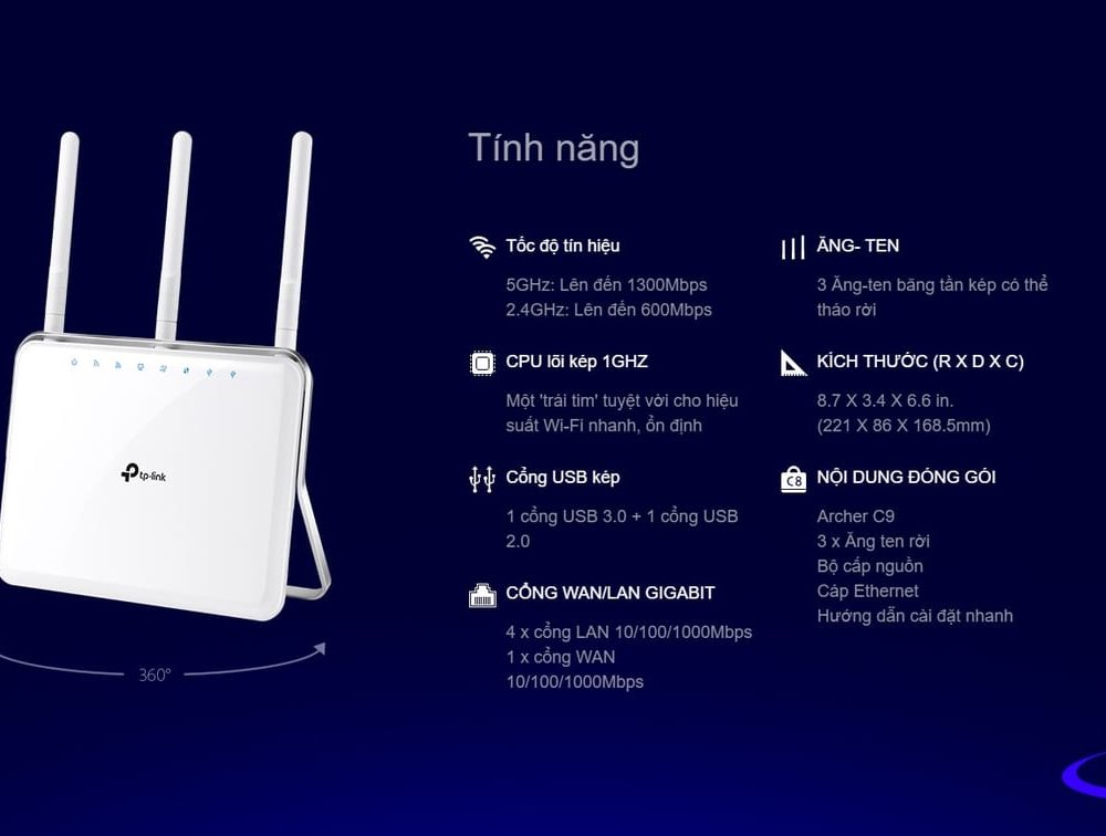 Router Wi-Fi TP-Link AC1900 Archer C9 Gigabit Băng tần kép