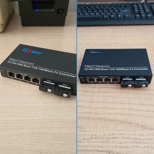Converter quang 2 sợi HDTec Gigabit + 4 cổng RJ45
