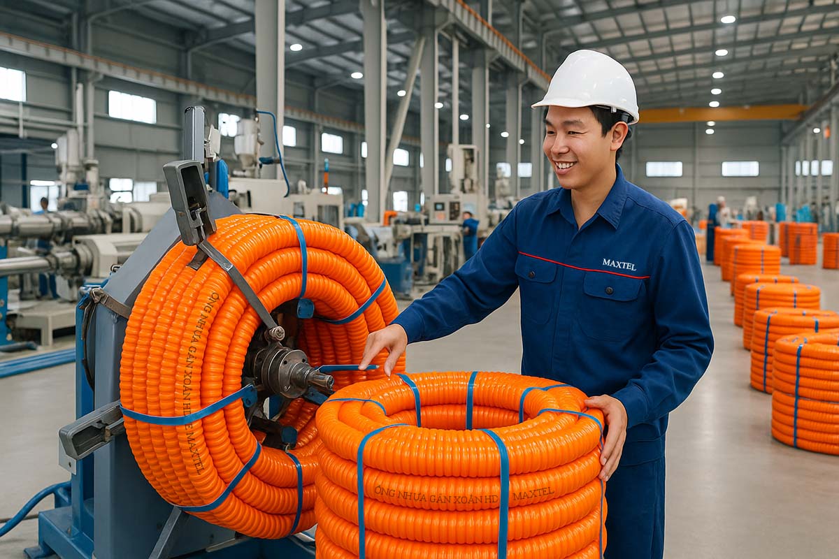 ĐÓNG GÓI TỪNG CUỘN ỐNG NHỰA GÂN XOẮN HDPE MAXTEL