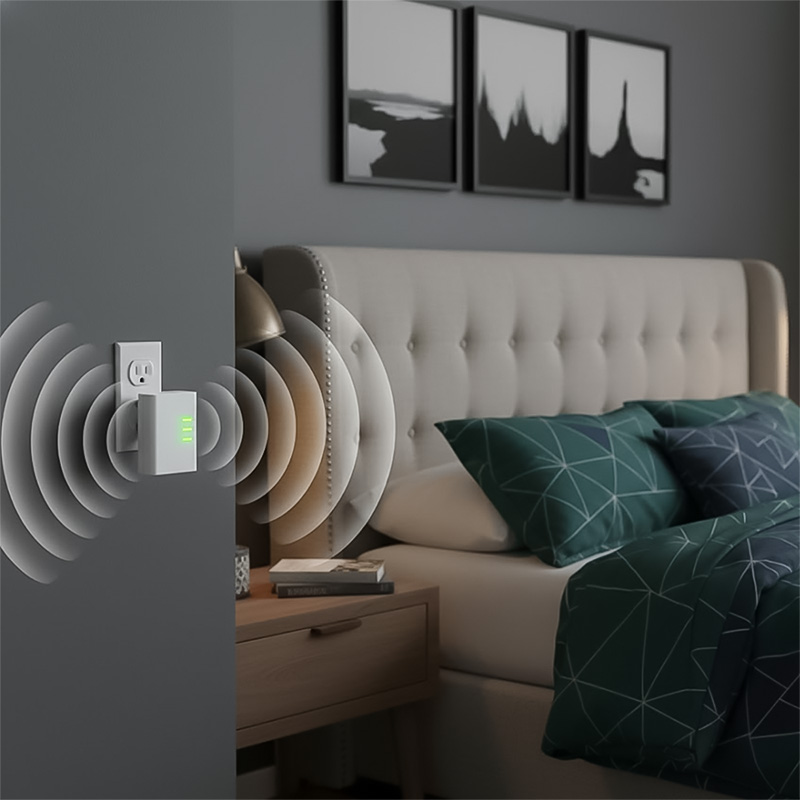 Thiết bị kích sóng wifi mini Powerline AV500 DHP-309AV được đặt trong phòng ngủThiết bị kích sóng wifi mini Powerline AV500 DHP-309AV được đặt trong phòng ngủ