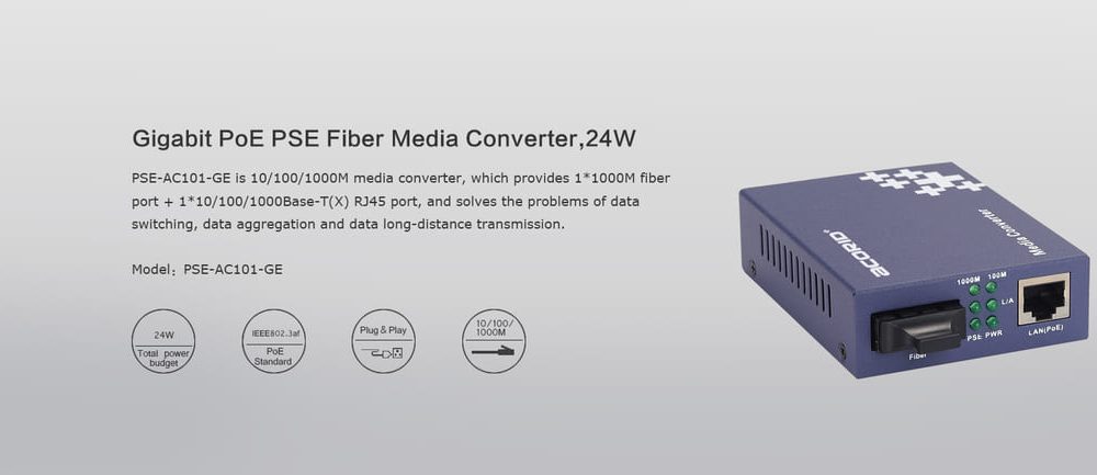 Converter quang PoE Acorid Gigabit, Single mode - PN: AC101-GE