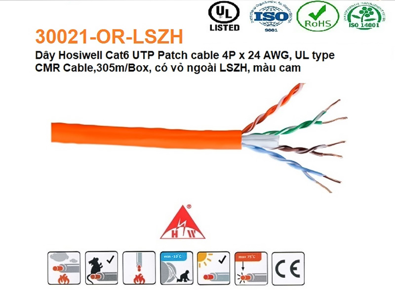 Đặc điểm nổi bật của Dây Cáp Mạng Cat6 UTP 4 Pair Hosiwell 30021-OR-LSZH