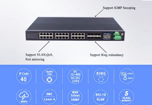 Tính năng Switch công nghiệp UPCOM 16 cổng mạng 10-100-1000 + 8 cổng Combo Gigabit + 4 cổng SFP Gigabit IES1028G-16G-8GC-4GS