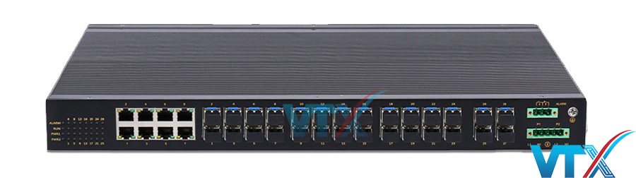 Switch công nghiệp layer 3 UPCOM 8 cổng mạng và 20 cổng SFP Gigabit mã ICS1028G-8GC-20GS