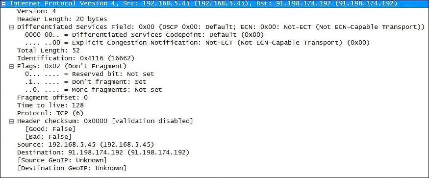ví dụ tiêu đề IP được ghi bằng wireshark
