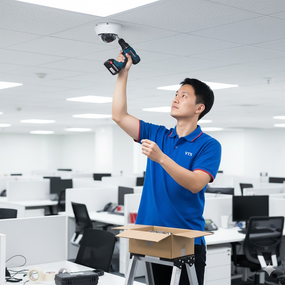 Camera Dome IR 5MP SATATYA CIDR50FL60CWP đang được các kỹ thuật viên lắp đặt