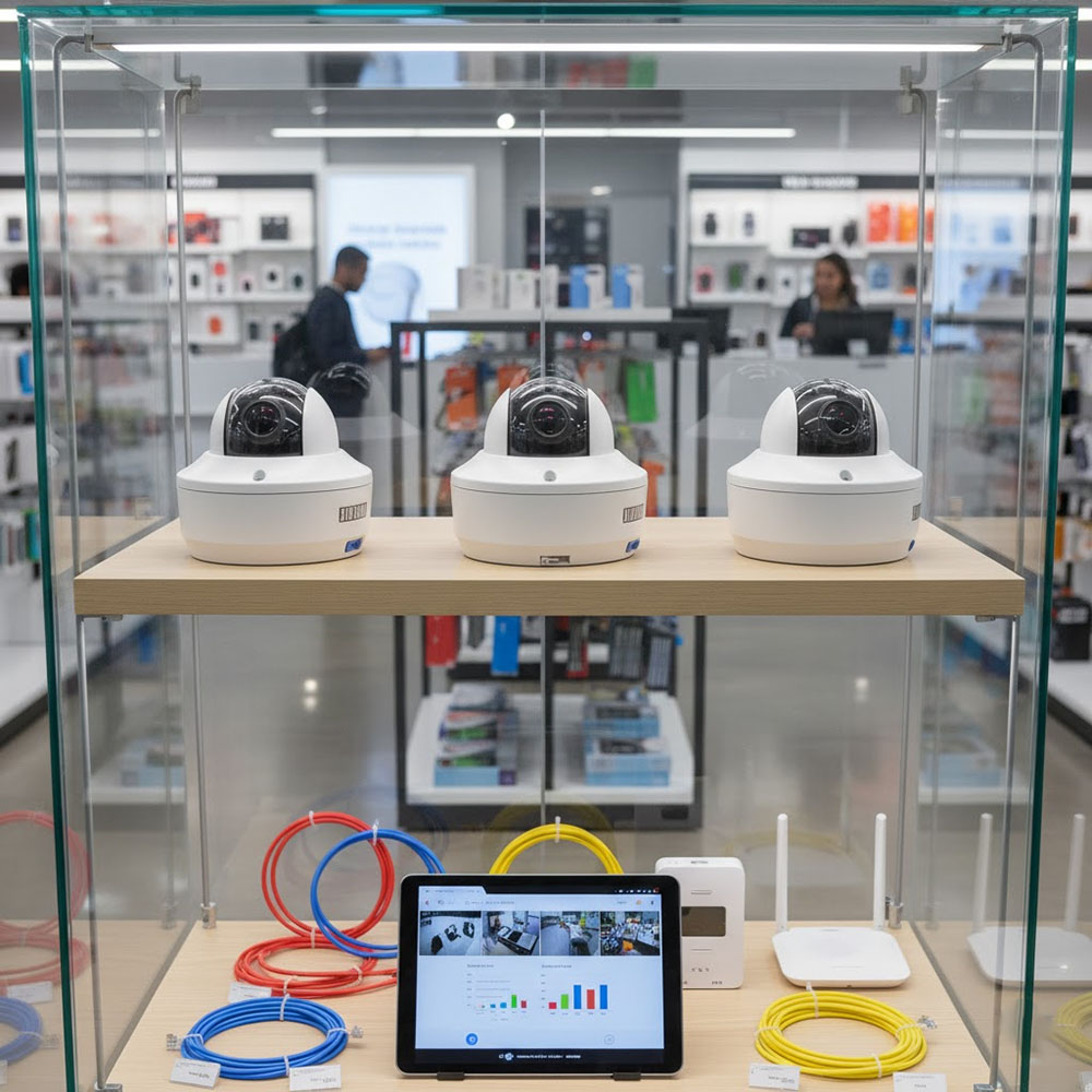 Camera Dome IR 8MP SATATYA CIDR80FL28CWP được đặt trong tủ bày bán