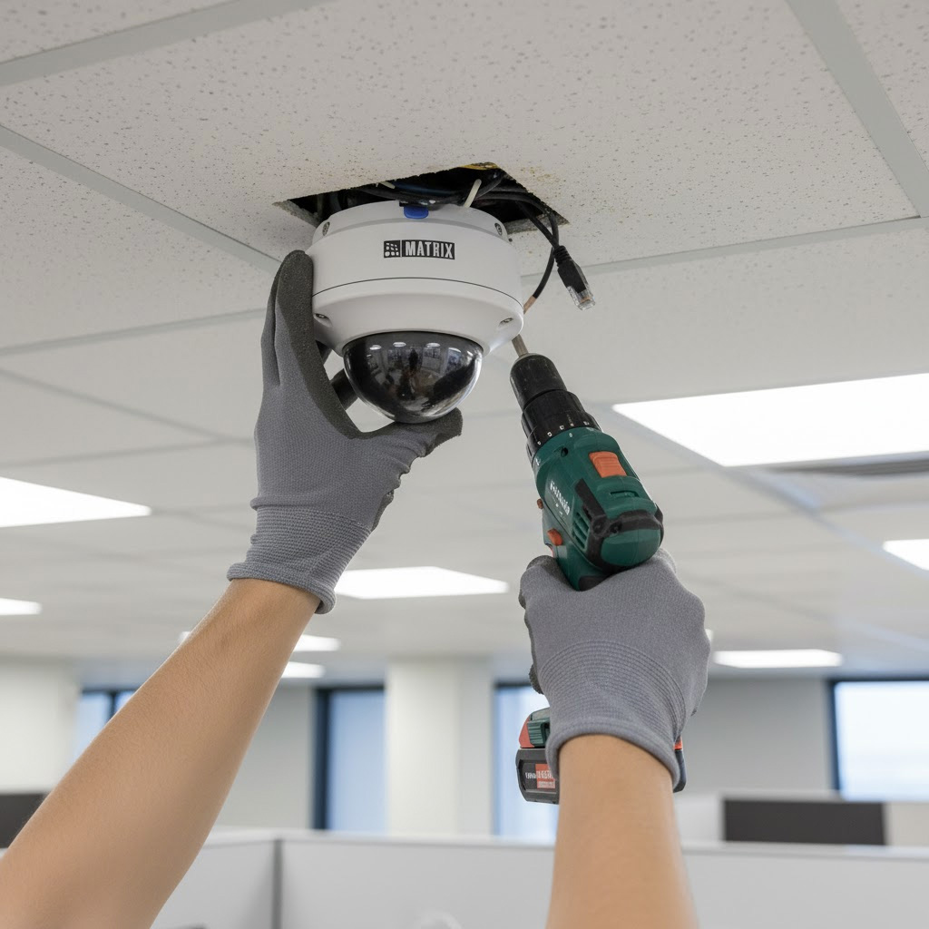 Camera Dome IR 8MP SATATYA CIDR80FL60CWS với ống kính 6mm đang được lắp đặt