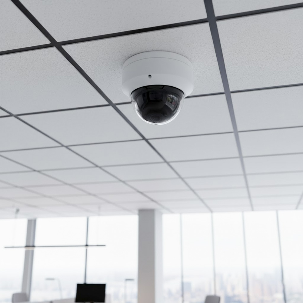 Camera Dome IR 8MP SATATYA MIDR80FL36CWS với ống kính 3,6mm được lắp đặt trên trần nhà..