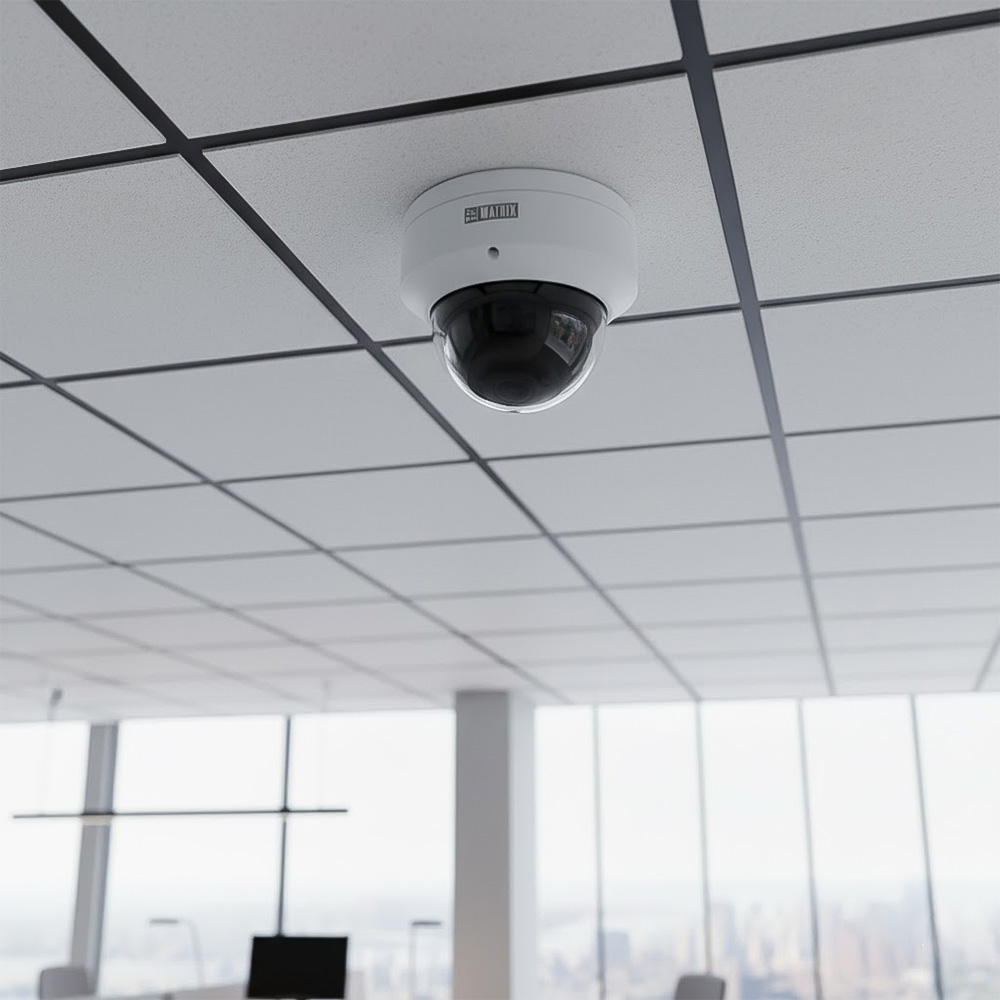 Camera Dome IR 8MP SATATYA MIDR80FL36CWS với ống kính 3,6mm được lắp đặt trên trần nhà