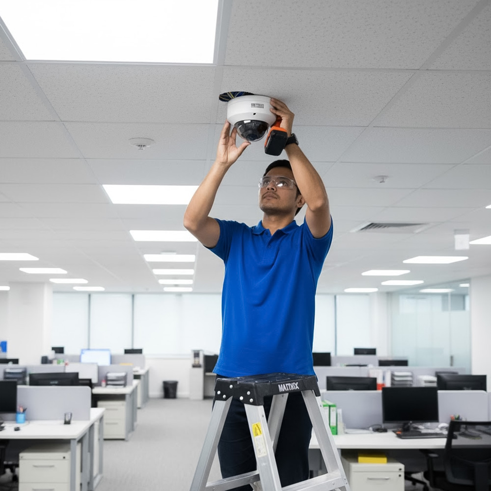 Camera Dome IR 8MP SATATYA MIDR80FL60CWP đang được lắp đặt