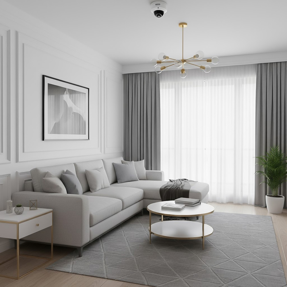 Camera Dome IR 8MP SATATYA MIDR80FL60CWP được lắp đặt trong phòng khách.