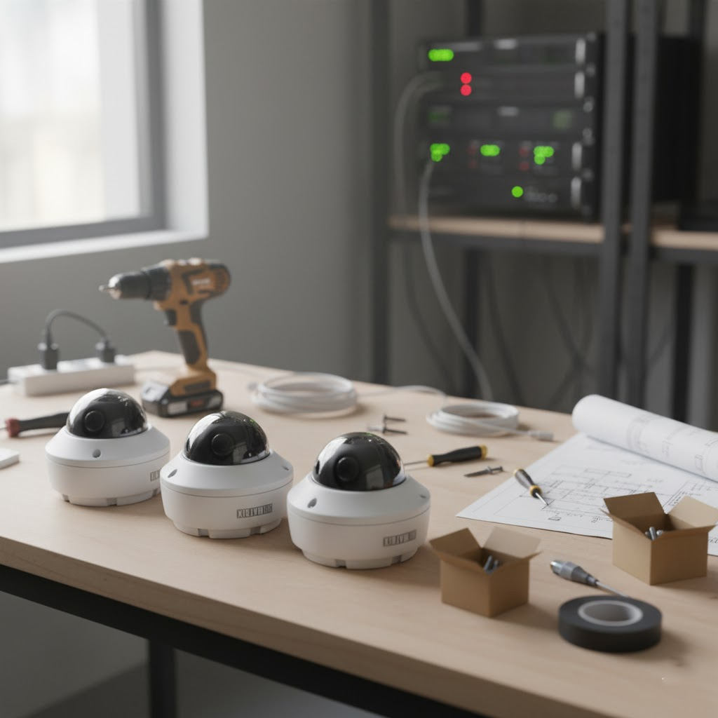 Camera Matrix Dome IR 5MP SATATYA CIDR50MVL12CWP được đặt trên bàn