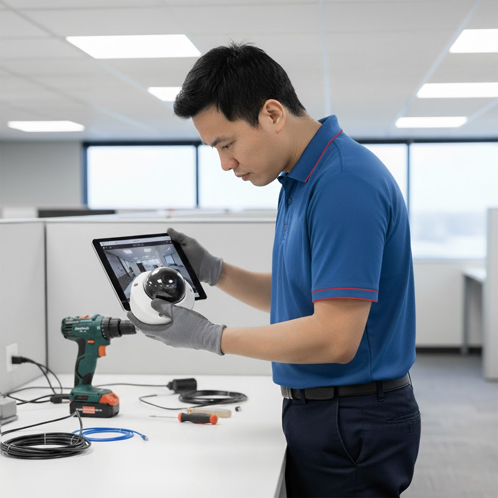 Kỹ thuật viên đang thực hiện kiểm tra Camera Dome IR SATATYA CIDR80FL36CWS 8MP với ống kính 3,6mm