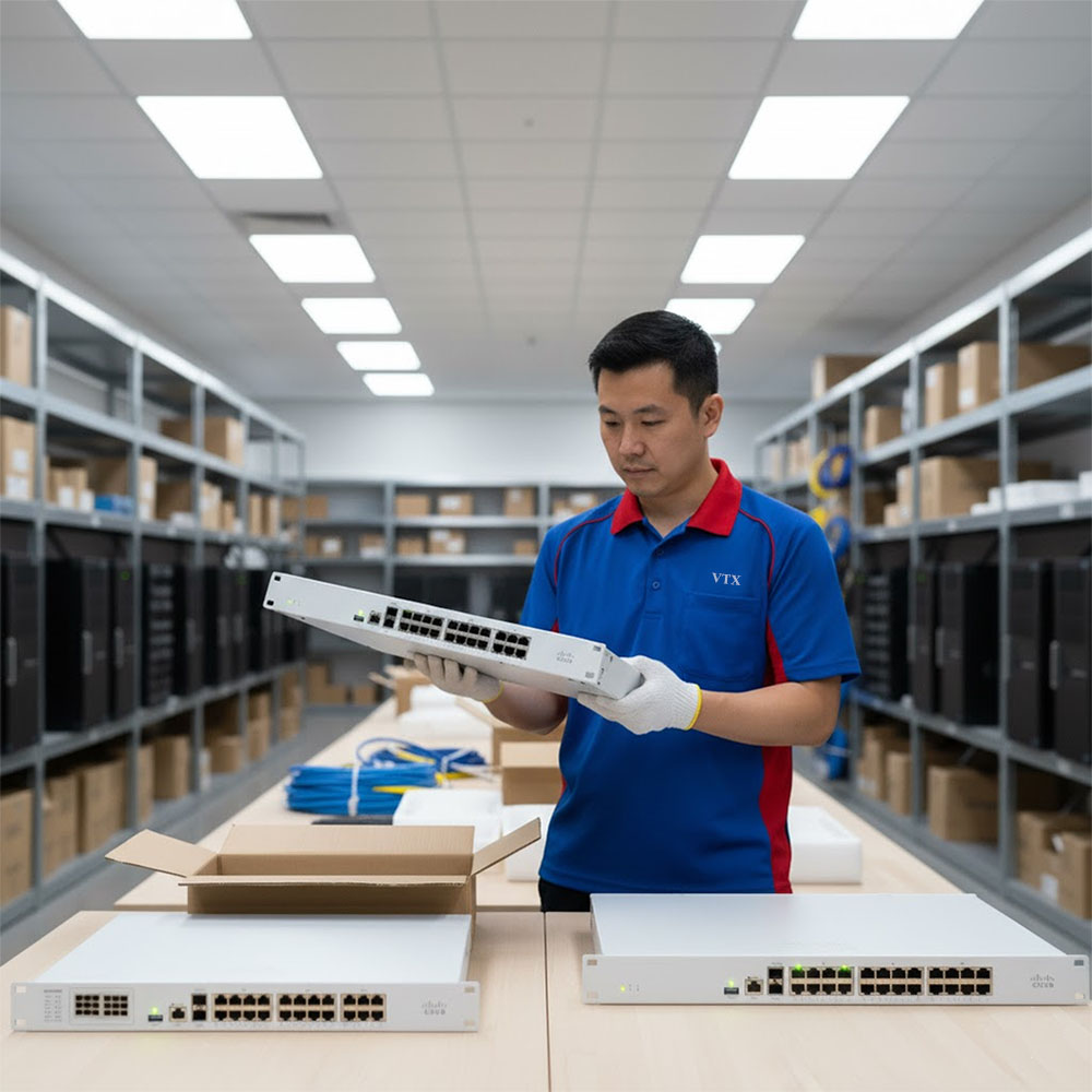 kỹ thuật viên đang kiểm tra Tường lửa Cisco Meraki MX450 kỹ thuật viên đang kiểm tra Tường lửa Cisco Meraki MX450