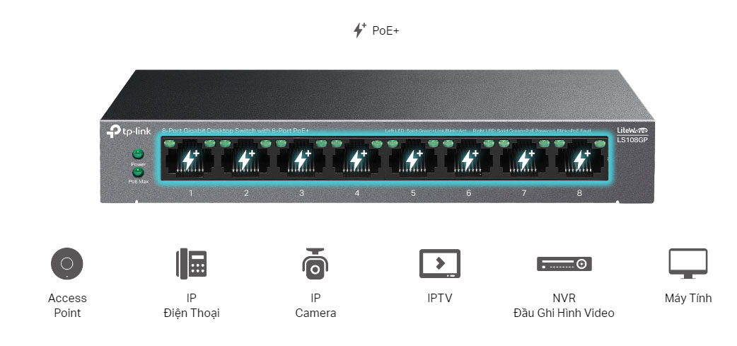 LS108GP Switch POE TP-LINK để bàn với 8 cổng Gigabit PoE+ (1)