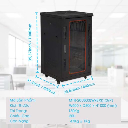 Kích thước chi tiết của tủ rack 20U800 maxtel