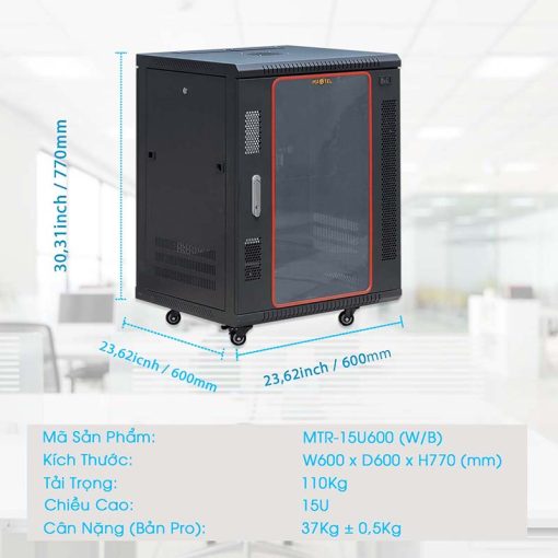kích thước chi tiết tủ rack 15U600 Maxtel