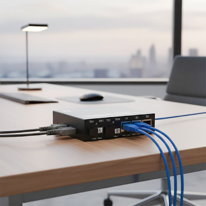 Ảnh thực tế Converter 2 cổng quang + 3 cổng RJ45 100M HDtec Ảnh thực tế Converter 2 cổng quang + 3 cổng RJ45 100M HDtec