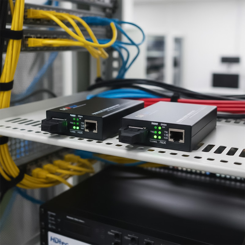 Bộ chuyển đổi Ethernet HDtec 2 sợi quang và 1 cổng RJ45 100Mbps_1G được chuẩn bị lắp đặt Bộ chuyển đổi Ethernet HDtec 2 sợi quang và 1 cổng RJ45 100Mbps_1G được chuẩn bị lắp đặt