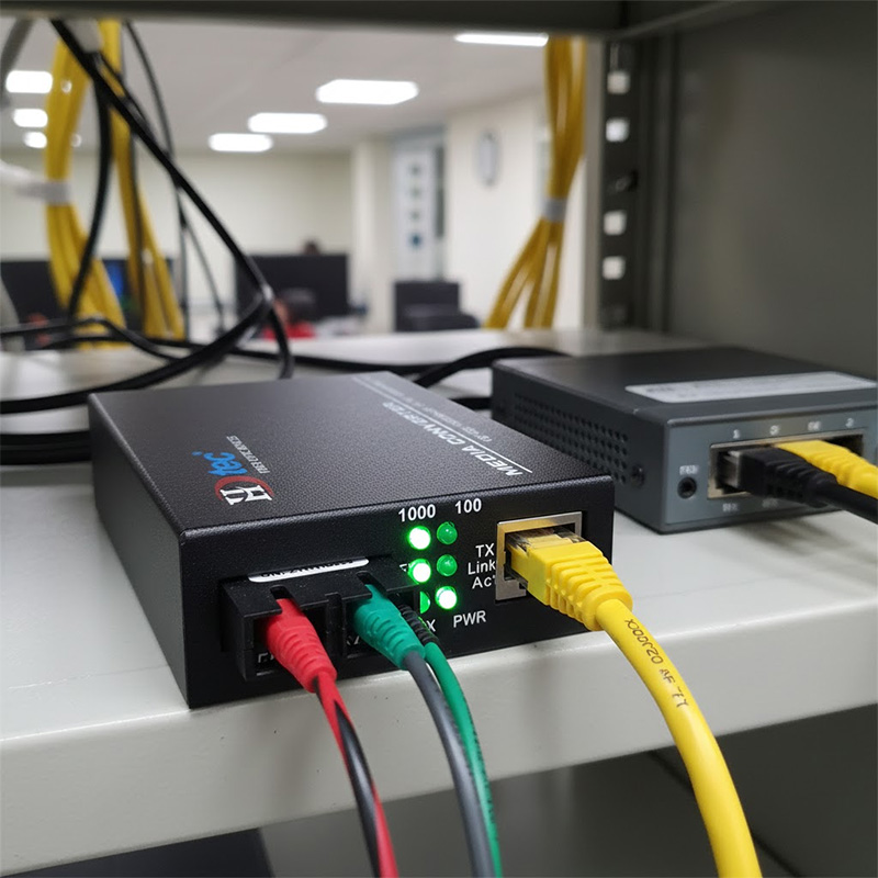 Bộ chuyển đổi Ethernet HDtec 2 sợi quang và 1 cổng RJ45 100Mbps_1G được lắp đặt trong phòng mạng nhỏ Bộ chuyển đổi Ethernet HDtec 2 sợi quang và 1 cổng RJ45 100Mbps_1G được lắp đặt trong phòng mạng nhỏ