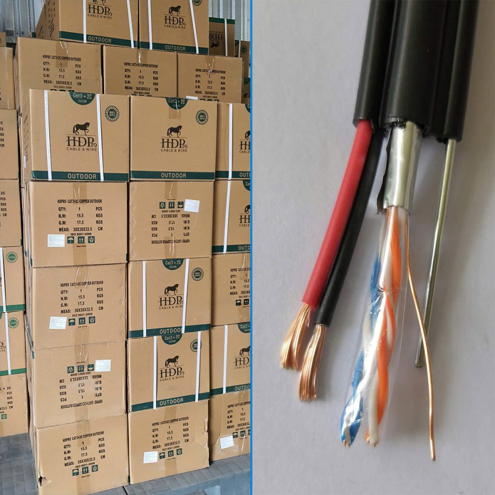 Cáp điện thoại liền nguồn Cat3 FTP + 2C Copper ngoài trời 305m (1)