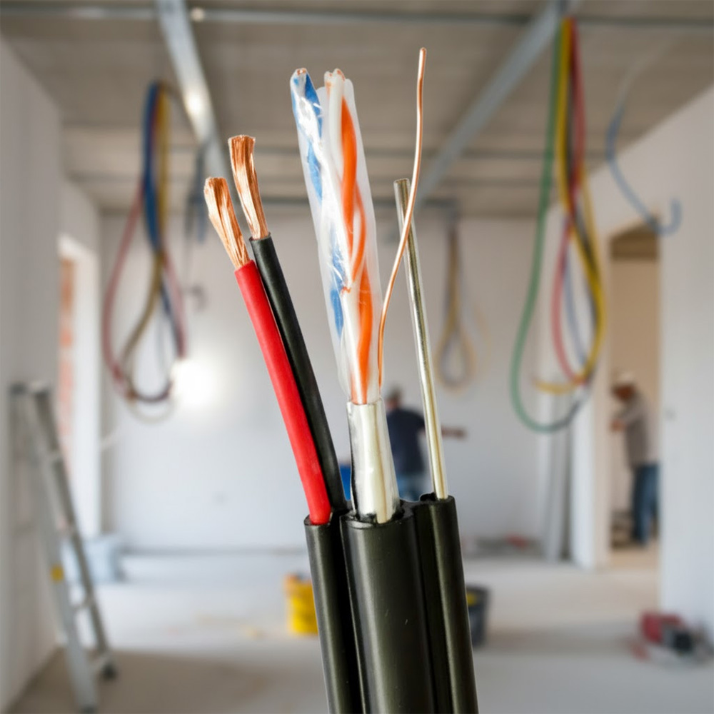 Cáp điện thoại liền nguồn Cat3 FTP + 2C đang được thi công