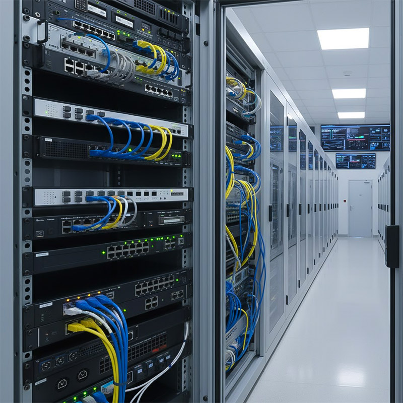 Converter 16 cổng SFP + 2 cổng RJ45 1G HDtec được lắp trong tủ rack đặt tại phòng server Converter 16 cổng SFP + 2 cổng RJ45 1G HDtec được lắp trong tủ rack đặt tại phòng server