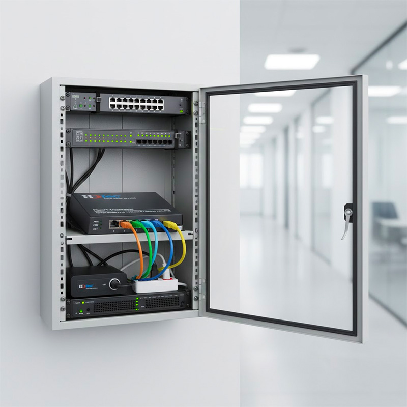 Converter HDTEC S 4 cổng RJ45 LAN 1G được lăp đặt trong tủ mạng