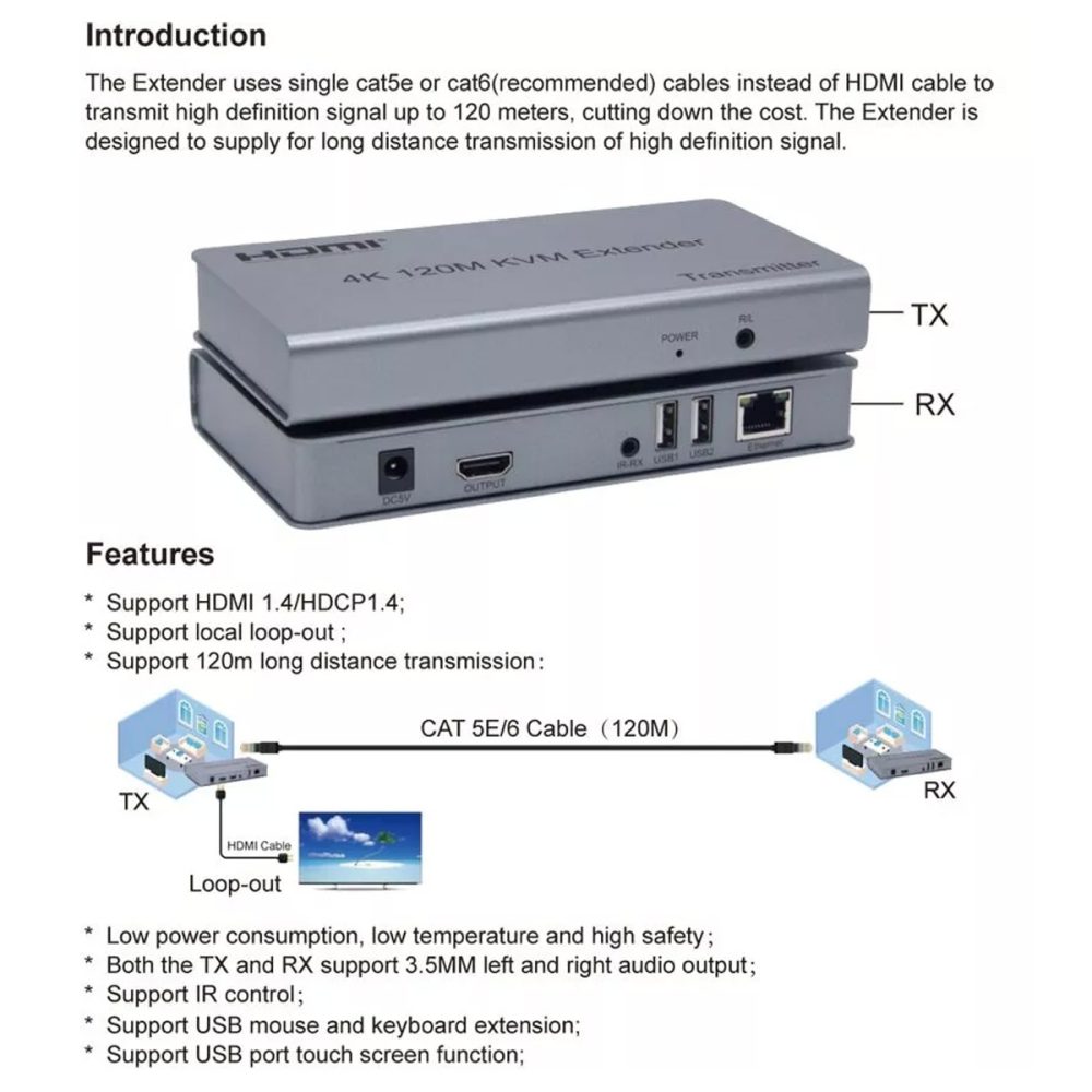 HDTEC HDMI KVM 120M 4K (Có USB, Loop) (Bộ mở rộng HDMI 120m 4K) (7)