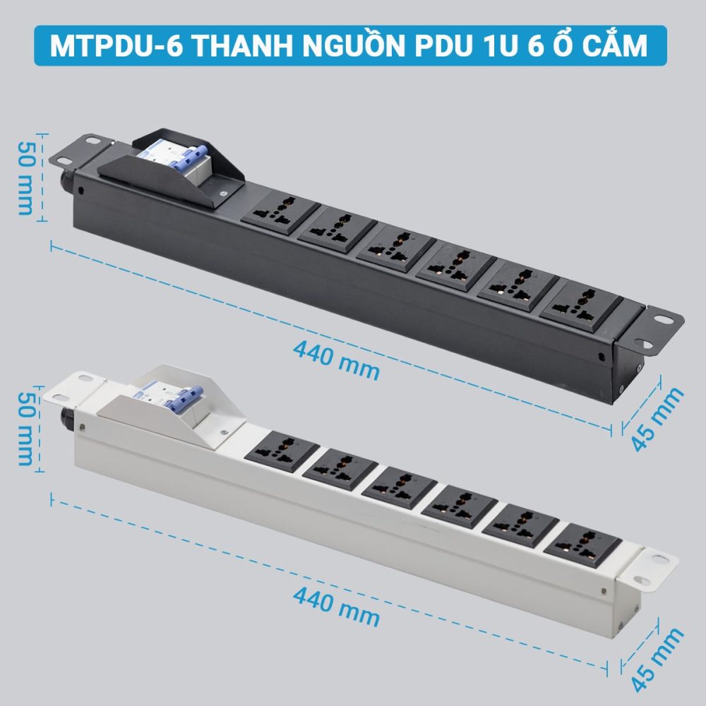 Các kích thước của thanh nguồn PDU 6 ổ Maxtel