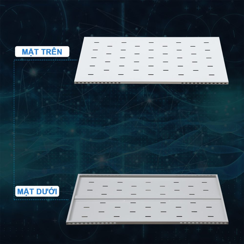 Ảnh chụp mặt trên, mặt dưới khay cố định tủ rack 1UD1000 Maxtel