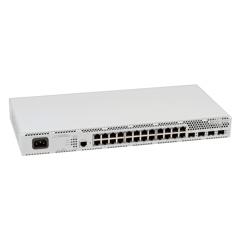 Góc nghiêng phải mặt trước switch Eltex MES2424 24 cổng RJ-45 + 4 cổng (SFP_SFP+)