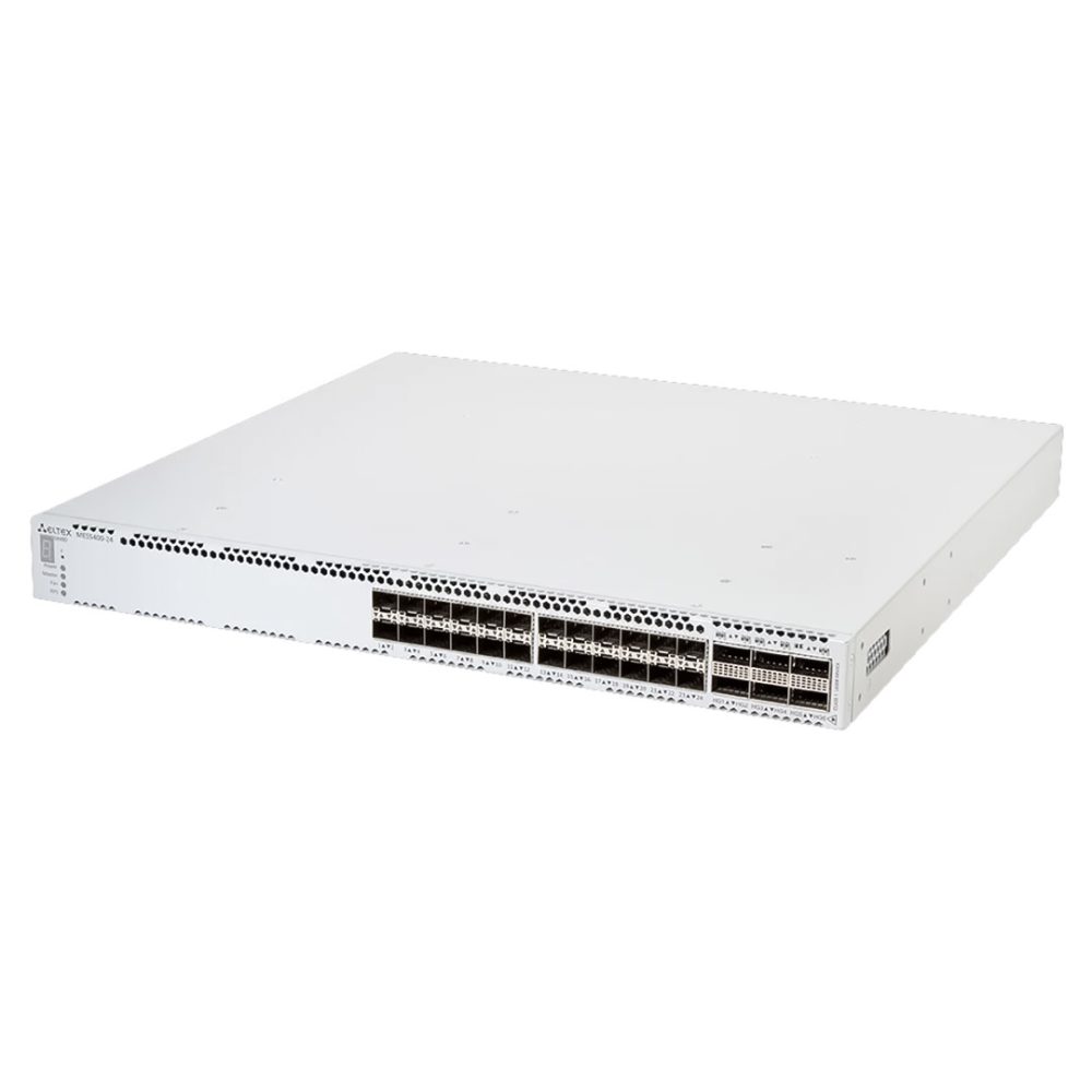 Góc nghiêng trái mặt trước switch chia mạng Eltex MES5400-24