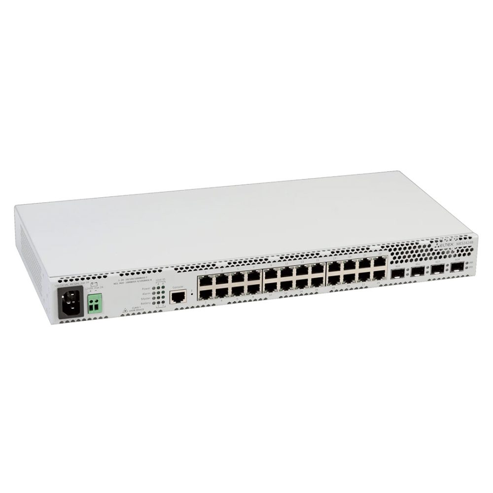 mặt trước góc nghiêng phải switch chia mạng Eltex MES2424B