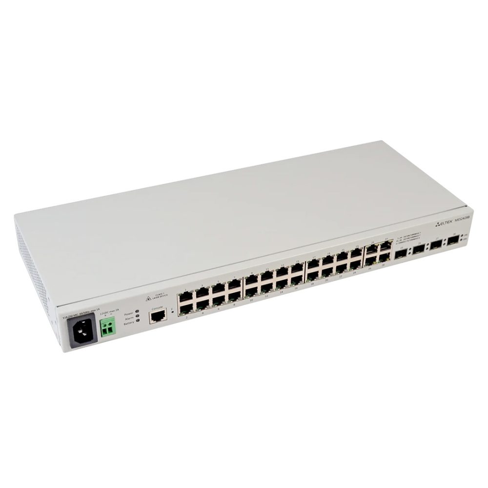 mặt trước góc nghiêng phải switch chia mạng eltex MES2428B