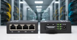 Các cổng kết nối của bộ chuyển đổi quang điện Upcom MC104-S-20 4x10_100M Base-T(X)+1x100M FX..