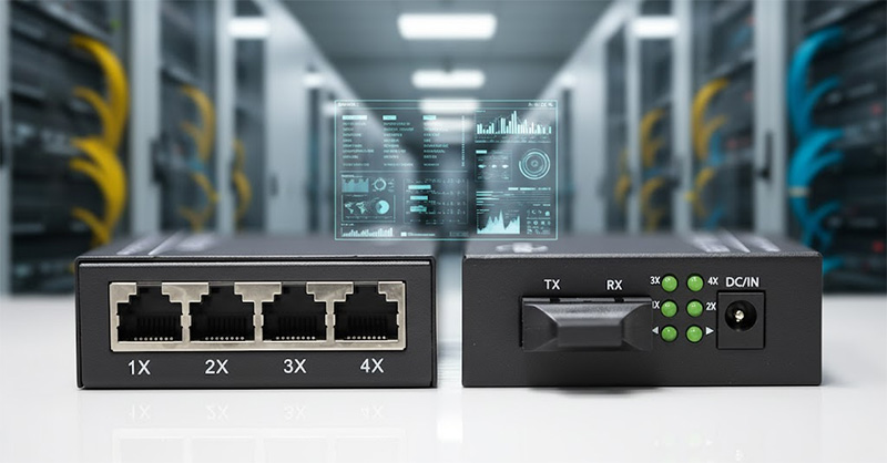 Các cổng kết nối của bộ chuyển đổi quang điện Upcom MC104-S-20 4x10_100M Base-T(X)+1x100M FX.. Các cổng kết nối của bộ chuyển đổi quang điện Upcom MC104-S-20 4x10_100M Base-T(X)+1x100M FX..