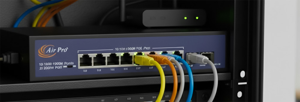 Cận cảnh các cổng kết nối Switch PoE AP-ESG1910P-2SF AirPro trong mạng văn phòng