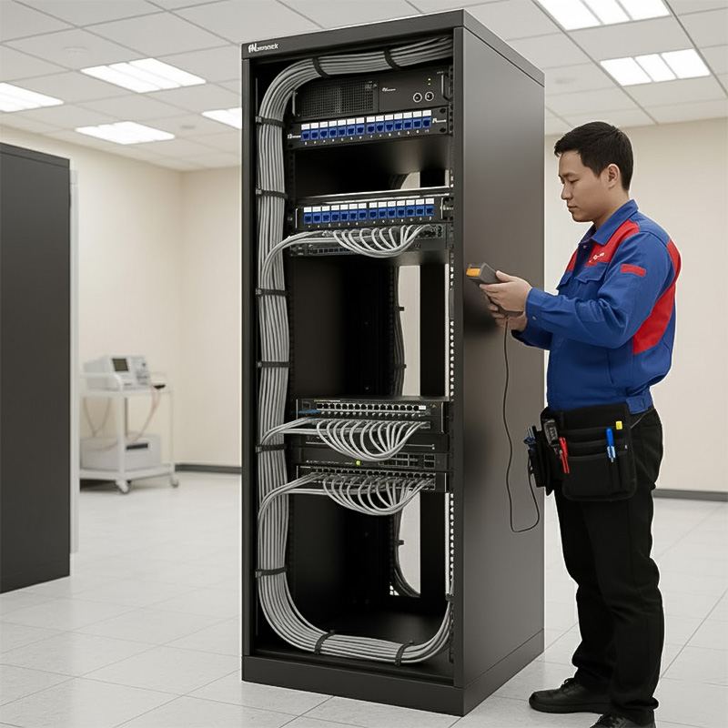 Patch panel Cat6 UTP ANCOMTECK 16 cổng ACT-16S1U được lắp đặt trong tủ rack Patch panel Cat6 UTP ANCOMTECK 16 cổng ACT-16S1U được lắp đặt trong tủ rack