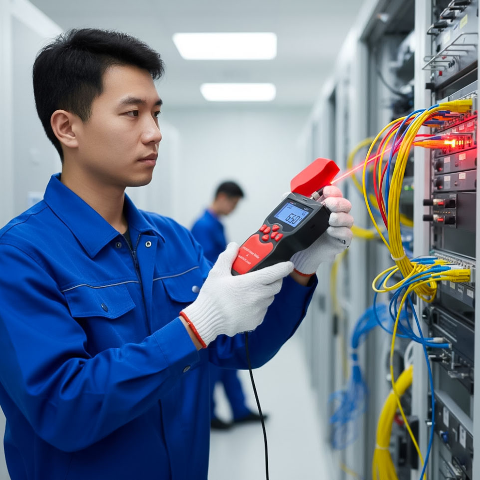 Kỹ thuật viên đang sử dụng Máy đo công suất quang và soi lỗi sợi quang NOYAFA NF-907C......