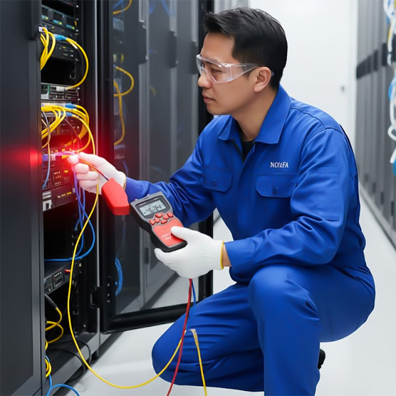 Kỹ thuật viên đang sử dụng Máy đo công suất quang và soi lỗi sợi quang NOYAFA NF-907C Kỹ thuật viên đang sử dụng Máy đo công suất quang và soi lỗi sợi quang NOYAFA NF-907C