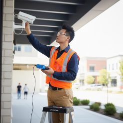 Kỹ thuật viên đang sử dụng Thiết bị kiểm tra camera NOYAFA NF-IPC722 ATCHS ALL IN ONE để kiểm tra tín hiệu camera