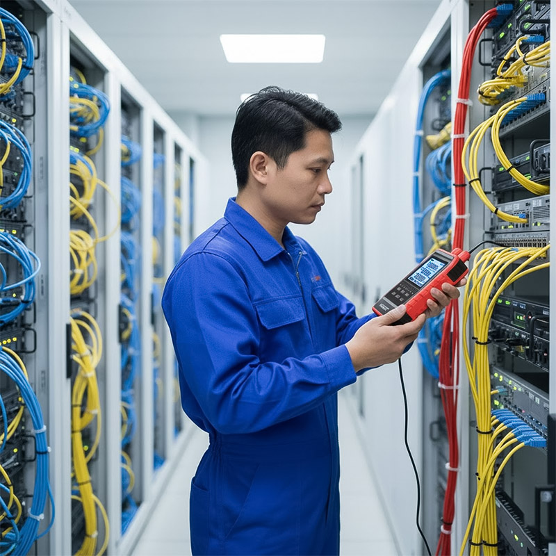 Kỹ thuật viên sử dụng thiết bị NOYAFA NF-908S để kiểm tra mạng...