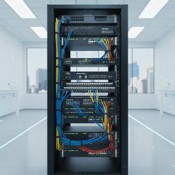 Patch panel ANCOMTECK 16 cổng ACT-16S1U được lắp đặt trong hệ thống tủ rack