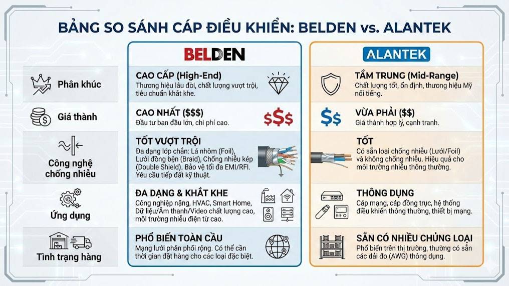 bảng so sánh cáp điều khiển belden và alantek