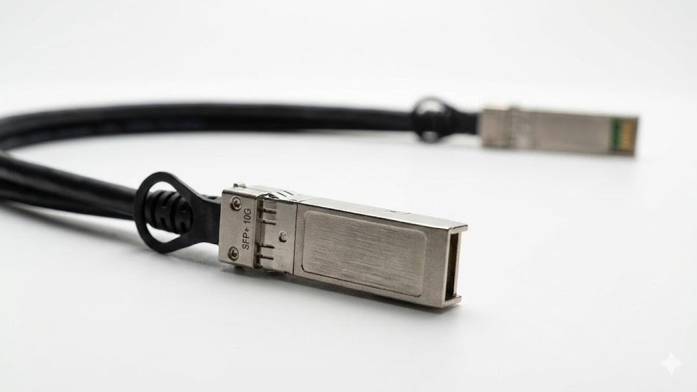 Cận cảnh đầu kết nối SFP+ của cáp DAC (Direct Attach Cable) chất lượng cao