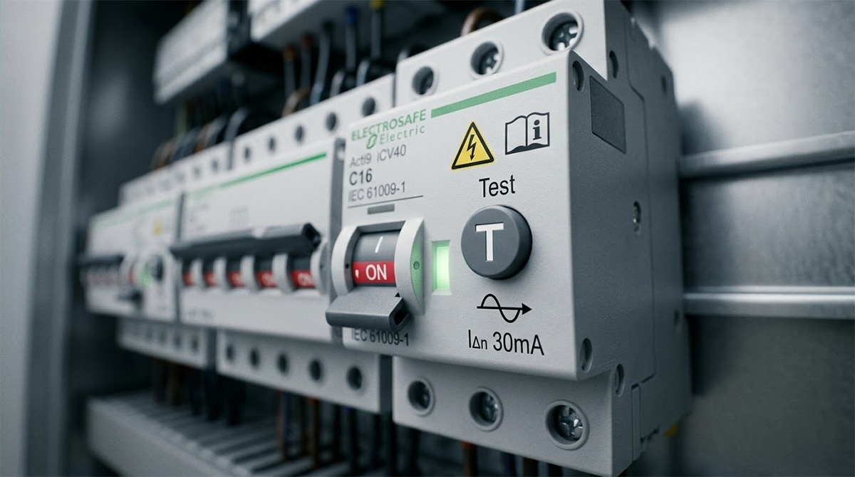 Cận cảnh An toàn Nút Test trên RCBO RCCB